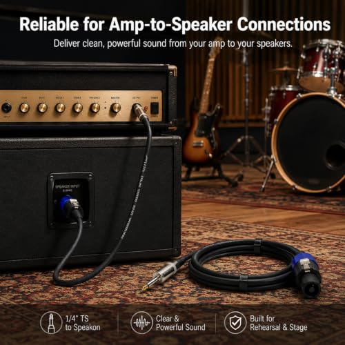 Speakon to 1/4 Inch Speaker Cable 3.3 Feet 2 Pack - Professional 12AWG DJ PA Audio Wire