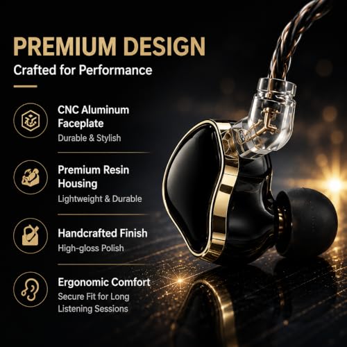 Hi-Fi Wired In-Ear Monitor Headphones, Detachable Cable IEM Earbuds with Ergonomic Noise Isolating Design, 3.5MM Earphones Clear Sound for Music, Gaming, Studio Monitoring & Audiophiles (Without Mic) - color: Black