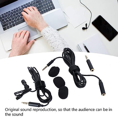 Lavalier Mic, Wired Clip On Lapel Mic Professional 3.5M Interface 360-Degree Omnidirectional 4.9 Foot Cable with Microphone Windshield for Computer