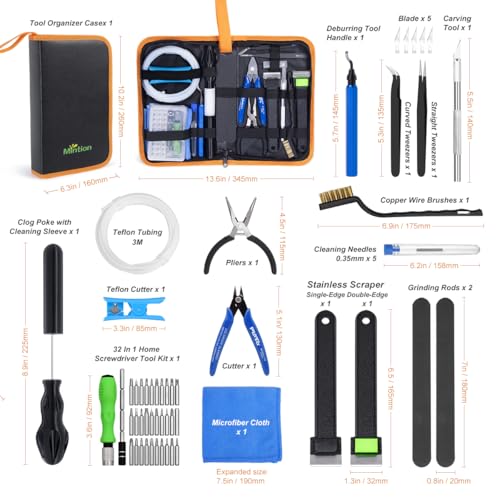 3D Printer Tool Kit with Nozzle Cleaner, PTFE Tube & Deburring Tools | Complete FDM printer maintenance kit with precision tools to clean nozzles, remove supports and improve print quality.
