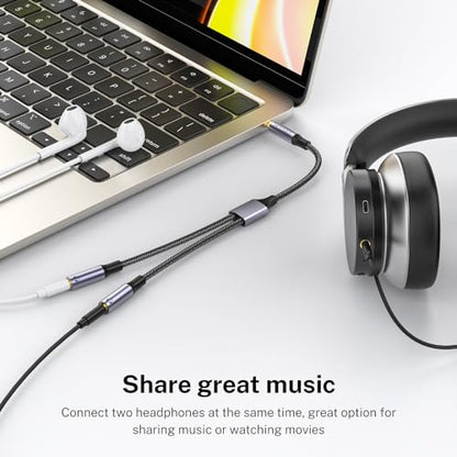 MOSWAG Headphone Splitter 3.5mm Audio Male to Dual Female Y Splitter Cable | Audio Sharing, HiFi Stereo Jack, Aluminum Alloy Shell, 24K Gold-Plated, For Phone Headset iPad, 9.84" Not supporting charging - color: Black