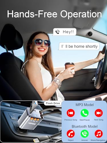 Bluetooth Car Adapter with Retractable Charger,[Upgrade] Bluetooth 5.4 FM Transmitter for Cars, 4 in 1 Fast Car Charger 69W, Handsfree Call, 2*Retractable Cable for iPhone 17/16/15/14, Galaxy-Silver - color: Silver