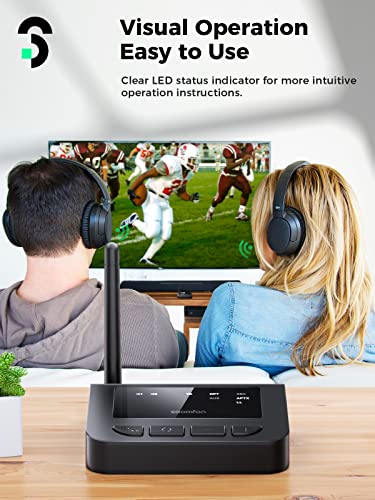 aptX LL Bluetooth Transmitter for TV, SOOMFON Bluetooth 5.0 Audio Transmitter with Volume Control, Bluetooth Adapter Splitter for TV/PC, aptX Low Latency, Ultra-Long Range, Aux/RCA/Optical