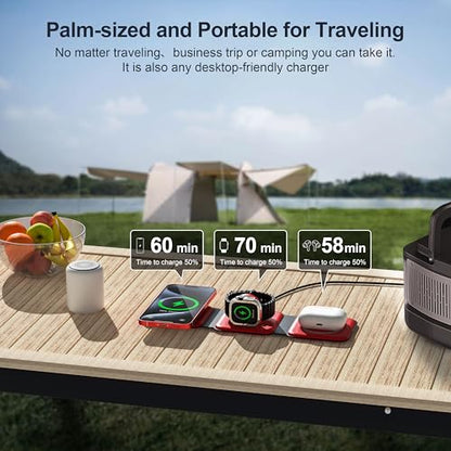 3 in 1 Charging Station for Multple Devices,Foldable 3 in 1 Wireless Charger for Travel,Nano Wireless Charging Station for iPhone16 15 14 13 12 Pro Max/Watch 10 9 8 7 6 5 4 3 Ultra/AirPod Pro - color: Red