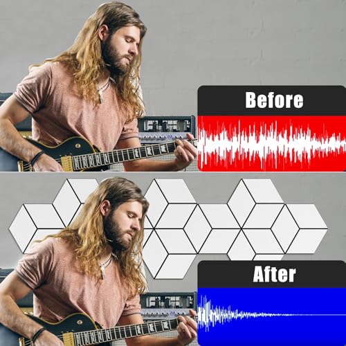 12-Pack Self-Adhesive Acoustic Panels 12" x 10" x 0.4" High-Density, Flame-Resistant Soundproof Foam. Absorbs Noise and Eliminates Echoes, Hexagonal 3D Design (White Face) - color: WhiteFace + BlackBase, size: Y-Cut Hexagon 12 Pack