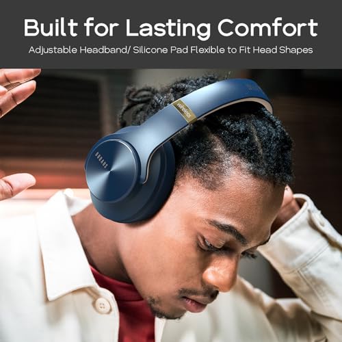 DOQAUS Bluetooth Headphones Over Ear, 90H Playtime, 3EQ Mode, with ENC Mic | Hifi Stereo Sound, Lightweight, Headphones Wireless with Soft Memory Foam Earpads, Deep Bass for Home Office Cellphone PC - color: Navy Blue