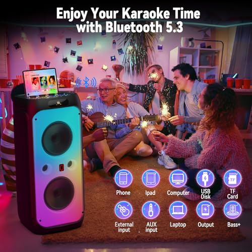 600W Peak Extra-Large Party Speaker with 2 Wireless Microphones, Big Bluetooth PA Speaker with Deep Bass, Dual 10" Woofers, 3.5" Tweeters & LED for Backyard Parties, BBQs, Camping & Outdoor - color: CHARCOAL BLACK
