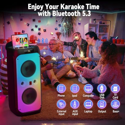 600W Peak Extra-Large Party Speaker with 2 Wireless Microphones, Big Bluetooth PA Speaker with Deep Bass, Dual 10" Woofers, 3.5" Tweeters & LED for Backyard Parties, BBQs, Camping & Outdoor - color: CHARCOAL BLACK
