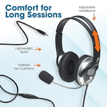 MANHATTAN Wired Stereo Headset with Mic, 3.5 mm Plug, 8 ft Cable | Over-ear fit with padded earcups, adjustable band and boom, pop-noise reduction, 32-ohm audio for calls and gaming