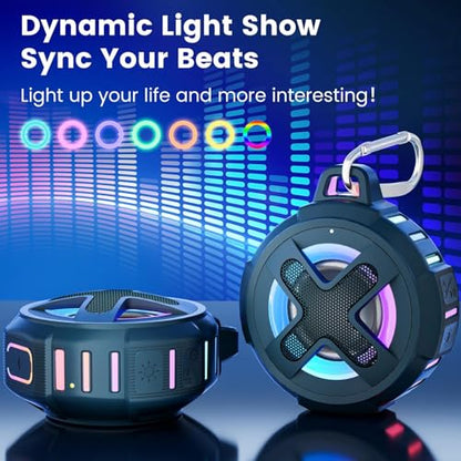 XLEADER X8, Upgraded, Portable Bluetooth Speaker, Certified IP67 Waterproof Shower Speaker, Silicone Case, 10W Bass, 24Hrs Playtime, Small, Floating, RGB Lights, Clip, for Pool Beach Kayak, Sea Blue - color: E-Blue