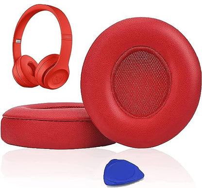 SoloWIT Earpads Cushions Replacement for Beats Solo 2 & Solo 3 Wireless On-Ear Headphones, Solo2 Solo3 Ear Pads with Soft Protein Leather, Added Thickness - Red - color: Red