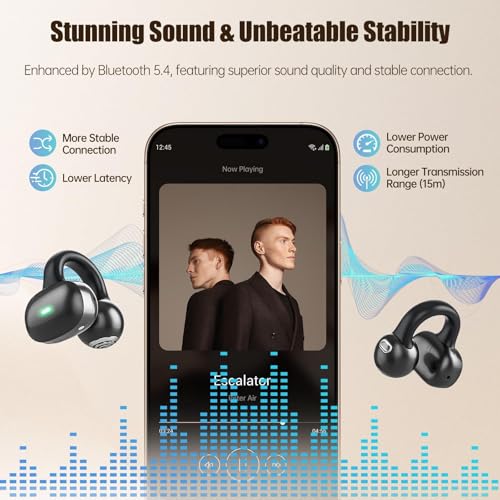 Open Ear Headphones, Bluetooth 5.4 Clip On Headphones, 40H Playtime Wireless Stereo Earbuds with LED Digital Display, Lightweight Stylish Open Earphones for Daily Use, Commuting and Travel Relax