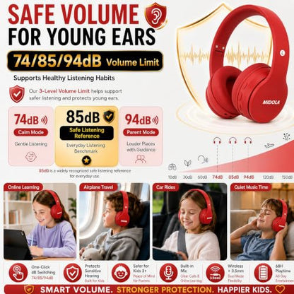 MIDOLA Kids Headphones Bluetooth 5.3 Wireless 60H Play Time Volume Limit 85/110dB Over Ear Foldable Protection Headset/Wired AUX Cord Mic for Children Boy Girl Travel School Phone Pad Tablet Red | Adjustable Headband Foldable Over-Ear Lightweight Headsets