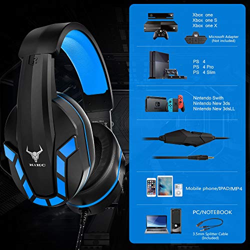 Kikc Gaming Headset with Mic for PS4, PS5, Xbox, PC, Switch, Controllable Volume Gaming Headphones with Soft Earmuffs for Mobile Phone, iPad, and Notebook, 40mm Drivers, 3.5 mm Audio Jack-Blue