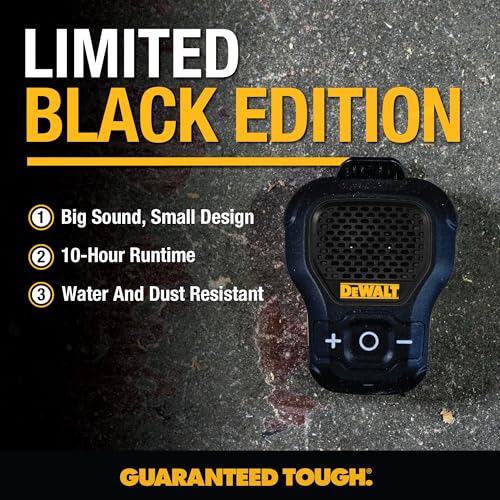 DEWALT Wearable Bluetooth Speaker [Onyx Edition - Black] Clip-On Wireless | Jobsite Pro Water-Resistant Portable Speaker (Non- Magnetic), Mic for Hands-Free Music/Calls, Mini Speakers Bluetooth - color: Black