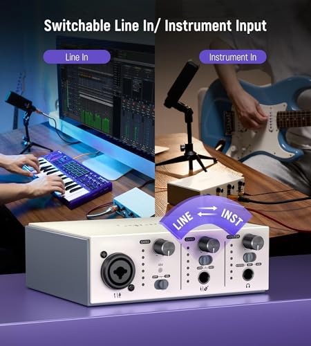 USB C Audio Interface for Recording Music, Streaming, Podcasting with XLR, Line Input, 24bit/48kHz, 48V Phantom Power, 2-channel, Silver