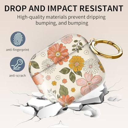 Cute Case Cover Compatible with AirPods 4th Generation 2024, Shockproof for Women & Girls with Cute Golden Round Buckle – Protective, Anti-Drop Design(Groovy Retro Boho Flower) - color: Groovy retro boho flower