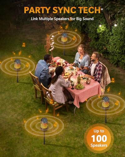 Outdoor Speakers Bluetooth 5.3 with Flame Light,Up to 100-speaker Sync,IPX6 | Waterproof, Wireless Auto-Pairing, HD Stereo Sound Atmosphere Lantern for Party Patio Porch Pool Camp Backyard, Gift for Men