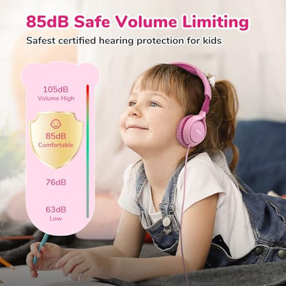 EarFun S1 Kids Headphones, Wired Headphones for Kids, Lightweight, Pink | Stereo Sound, Adjustable Headband, 85dB Volume Limit, Portable On-Ear Headphone for School/Travel/Boys/Girls/PC/Tablet, Pink - color: Pink