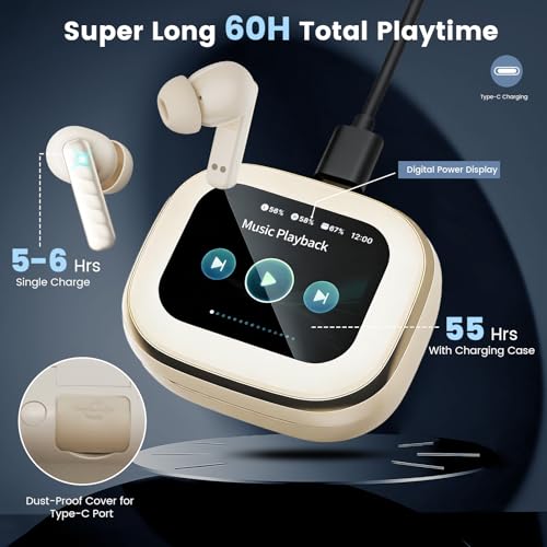 Wireless Earbuds with Smart Touch Screen Bluetooth in-Ear Headphones ANC Noise Cancelling Clear Calls 60H Playtime IPX5 Waterproof Earbuds for Sports Gym Work Travel - color: Beige