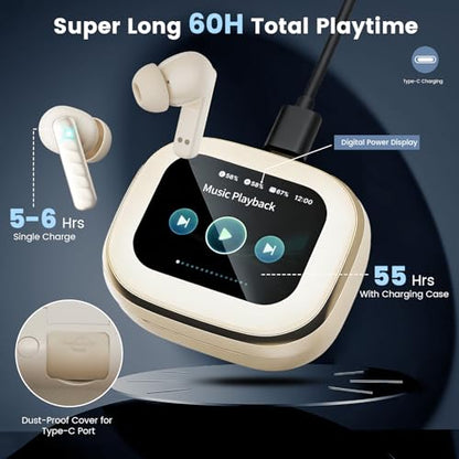Wireless Earbuds with Smart Touch Screen Bluetooth in-Ear Headphones ANC Noise Cancelling Clear Calls 60H Playtime IPX5 Waterproof Earbuds for Sports Gym Work Travel - color: Beige