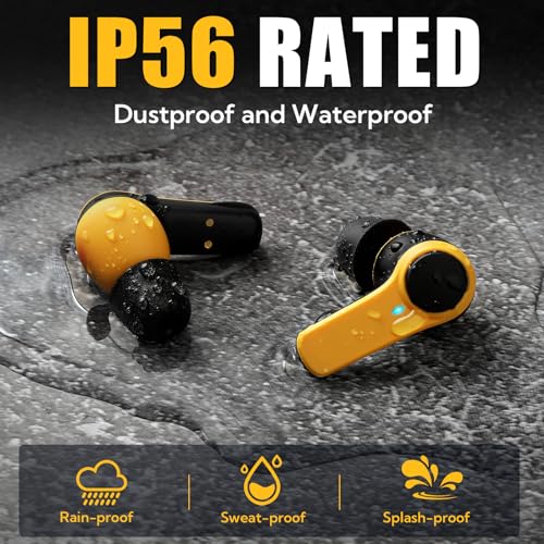 Bluetooth 6.0 Jobsite Earbuds, Heavy Duty True Wireless Ear Buds | 70H Playtime, IP56 Waterproof, 30dB SNR Noise Cancelling, ENC, Construction with 12pcs Earplugs