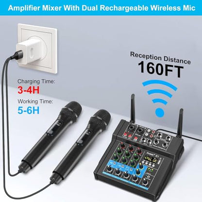 Aveek 150W x2 Powered Amplifier Audio Mixer, 4 Channel with 2 Wireless Mics