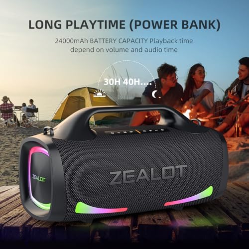 ZEALOT Bluetooth Speaker, 120W Booming Sound Speakers Wireless, Dual Pairing, XBass, 24000mAh, EQ,Fast Charge, Portable Outdoor Waterproof Speaker for Camping,Pool, Beach, and Party - color: black