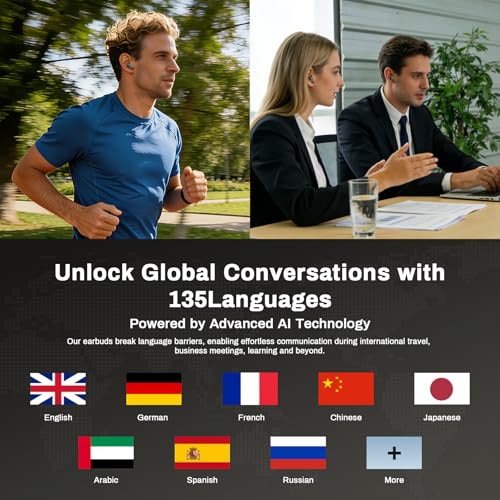 NE55 AI Translation Earbuds Real-Time, 135+ Languages Translator, Open Ear Wireless Bluetooth 6.0 Clip on Earbuds, Waterproof Open Ear Headphones with 52H Playtime, for Travel Work Meeting (Black) - color: Black