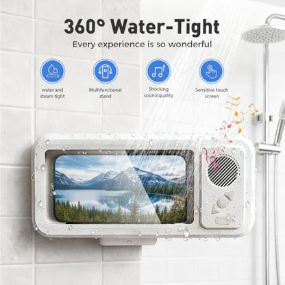 Shower Phone Holder with Wireless Bluetooth Speaker, 2026 Upgraded Waterproof/Fog-Resistant for Any Phone, Shower Phone Holder Waterproof Wall Mounted PhoneHolder for Bathroom Mirror (1, White)