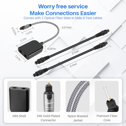 Digital Optical Adapter Splitter 1 in 2 Out, Toslink Digital Audio Fiber Optic Cable Splitter 1x2 for Soundbar, Headphones,TVs -with 2 Optical Audio Cables 6 Feet - color: Straight Plug
