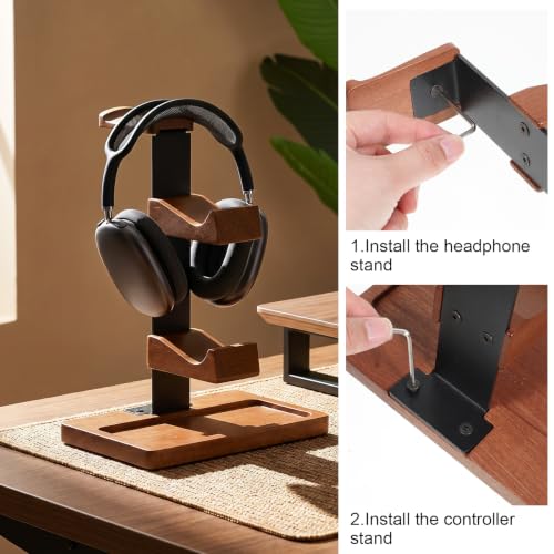 Wooden Headphone and Controller Stand, Wood Controller Stand | Brown Game Controller Holder Durable Headphone Stand with Controller Holder and Storage Base for Game Lover, Game Room Decor