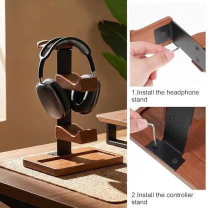 Wooden Headphone and Controller Stand, Wood Controller Stand | Brown Game Controller Holder Durable Headphone Stand with Controller Holder and Storage Base for Game Lover, Game Room Decor