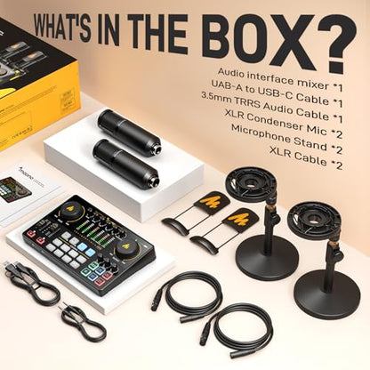 MAONO E2 Gen2B Podcast Equipment Bundle for 2, Dual XLR Condenser Mic Mixer