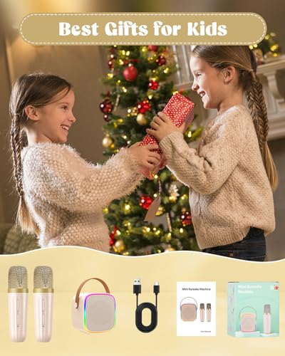 Mini Karaoke Machine with 2 Wireless Microphones Kids Toys | Portable Bluetooth Speaker for Kids Adults Toddler, Christmas Girls Toys for 4 5 6 7 8 9 10 12 Year Old Birthday Gift Ideas - color: Beige
