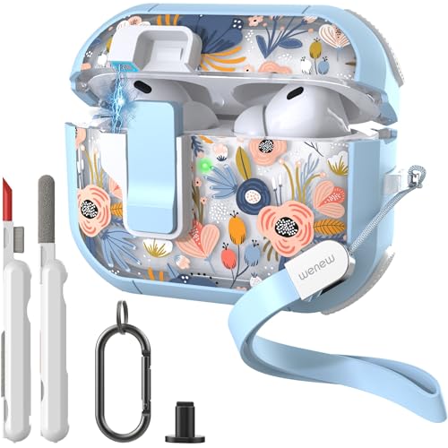 WENEW for AirPods Pro 3 Case (2025) Cover Secure Lock Automatic Snap Switch Clip Cleaner Kit Lanyard Women Stylish Flower Hard Shell Full Body Front LED Visible (Blue, AirPods Pro 3) - color: Blue, size: AirPods Pro 3