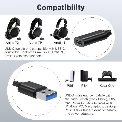 USB-C to USB-A Adapter Cable for SteelSeries Arctis 7X, Arctis 7P, Arctis 1 Wireless Gaming Headset Audio Transmitter Adapter, 4.9ft