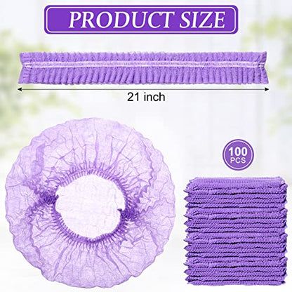 100 Pcs Disposable Nonwoven Bouffant Caps 21 Inch Hair Net Elastic Cap Hair Cover Hats for Beauty Salon Hospital Spa Catering Dust-free Workspace(Purple) - color: Purple