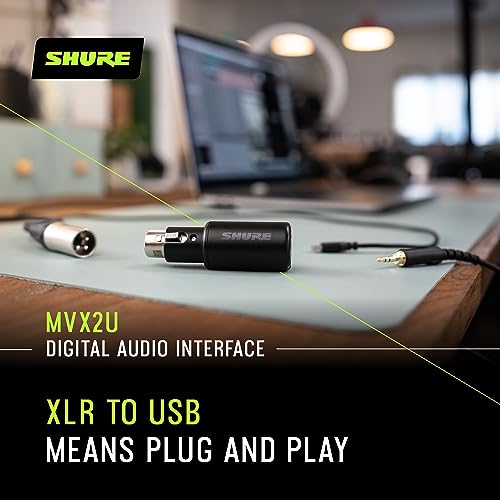 Shure MVX2U XLR-to-USB Audio Interface with Headphone Jack | XLR-to-USB interface with 60dB preamp, zero-latency monitoring, 48V phantom power and 1m USB-C cable
