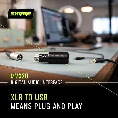 Shure MVX2U XLR-to-USB Audio Interface with Headphone Jack | XLR-to-USB interface with 60dB preamp, zero-latency monitoring, 48V phantom power and 1m USB-C cable