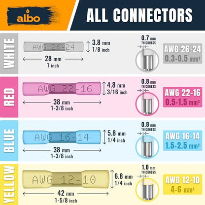 ALBO 200 Pcs Heat Shrink Butt Connectors for 26-10 AWG Electrical Wire | Strong Crimped Splices, Heat-Activated Seal Helps Block Moisture and Prevent Wire Pullout - color: Butt 200Pcs Set 26-10 AWG