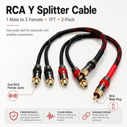 RCA Y Splitter Cable 1ft 2-Pack, 1 Male to 2 Female RCA Splitter, 4N OFC Braided Shield 24K Gold Plated Audio Splitter for Subwoofer Amplifier Home Theater Car Stereo for Pioneer Sony Yamaha