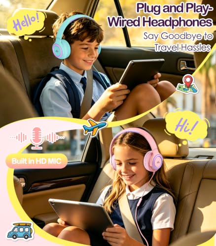 INFURTURE Kids Headphone for School with Microphone, Pink Wired Headphones | Adjustable for Boys/Girls, Soft Ear Muffs, Volume Limit, Foldable, Lightweight On-Ear Headphones for ipad/Travel/Tablet - color: Pink