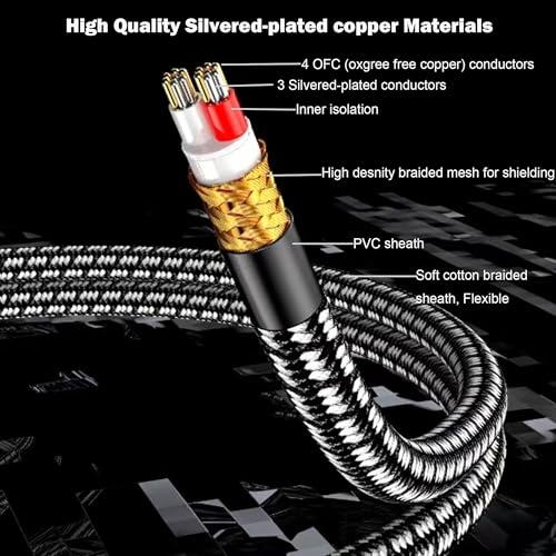 2 RCA to 2 RCA Audio Cable Silvered-Plated OFC Core 24K Gold-Plated Pure Copper Shell Braided for Home Theater HDTV Amplifiers Hi-Fi Systems Speakers and More (6.5FT/2m) - size: 6.5 ft