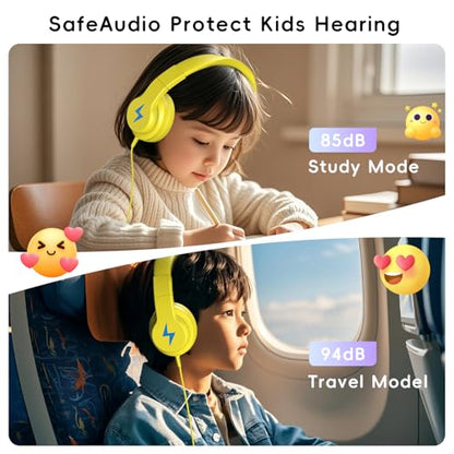Candy Bila Wired Kids Headphones with Microphone, 85dB Safe Volume | Volume Limiter 85/94dB, HD Stereo Sound, Microphone and Wired Control,Foldable Design, Yellow - color: Yellow