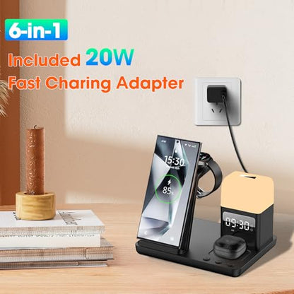 Wireless Charger for Samsung/Android Charging Station, 6 in 1 Fast Watch Charger with Alarm Clock-Night Light, Compatible for Galaxy S25 Ultra/S24, Only for Samsung Watch8/7, Galaxy Buds3 Pro(Black) - color: Black