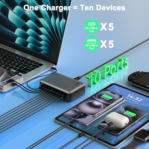 540W USB C Charger Block, 10 Multi-Port USB Charging Station, PD Type C Charger 100W 65W Laptop Fast Charger Compatible with MacBook Pro/Air, USB A Charger for iPad, iPhone, Samsung,