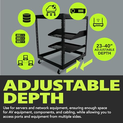Pearington 12U Open Frame Server Rack, 23''-40'' Adjustable Depth, Free Standing or Wall Mount, 4 Post AV Rack with Casters, Holds Networking IT Equipment AV Gear Router Modem - size: 12U Open Frame