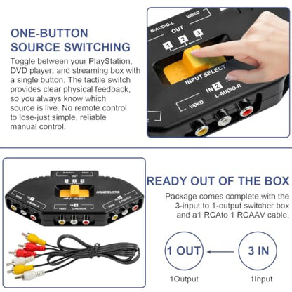 RCA Cable Switcher 3 in 1 Out -Composite AV Video Audio Splliter Compatible with PS1/PS2/PS3, STB Game Consoles, DVD, Projector and More