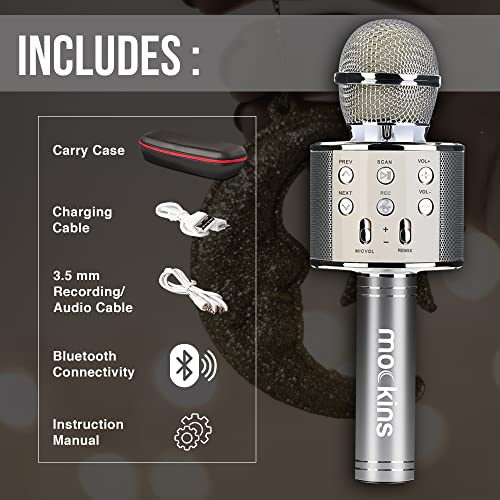 Mockins Silver Bluetooth Karaoke Microphone for Kids with Built in Wireless Speaker| Wireless Microphone Karaoke Compatible with iOS & Android | All-in-One Mic - color: Silver